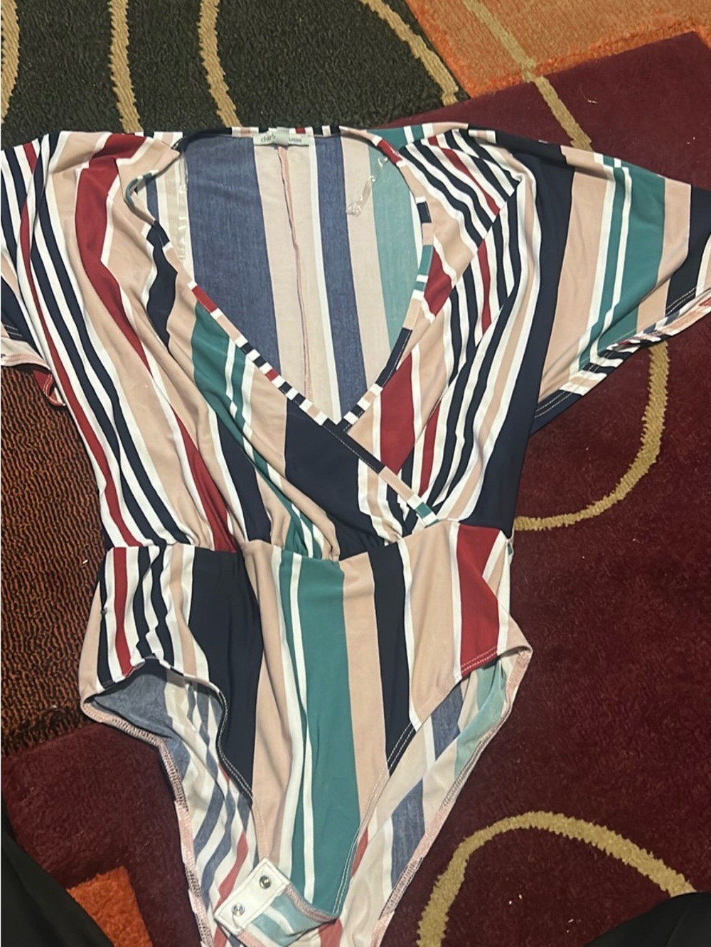 Charlotte Russe Striped Surplice Bodysuit in Teal, Navy, Red & Cream
